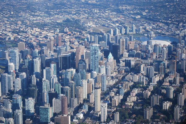 High angle view of modern buildings in city