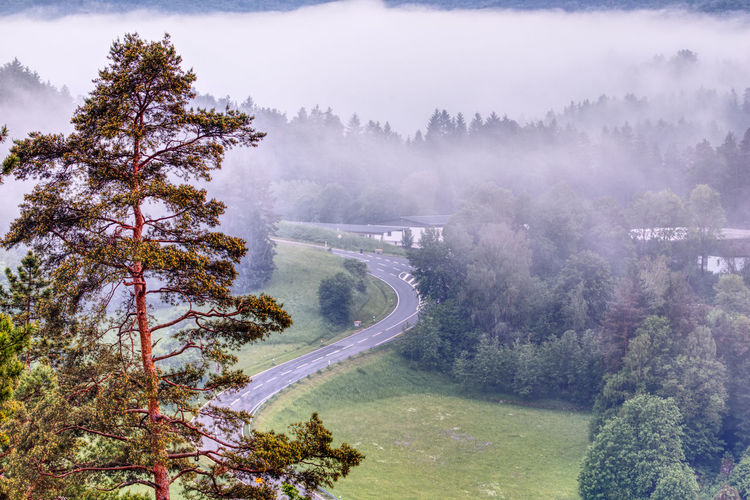 Scenic view of a road through a foggy valley