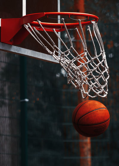 Close-up of ball below basketball hoop