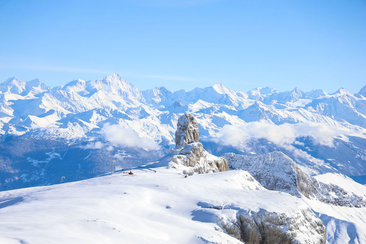 Scenic view of snowcapped mountains against clear blue sky in switzerland. 