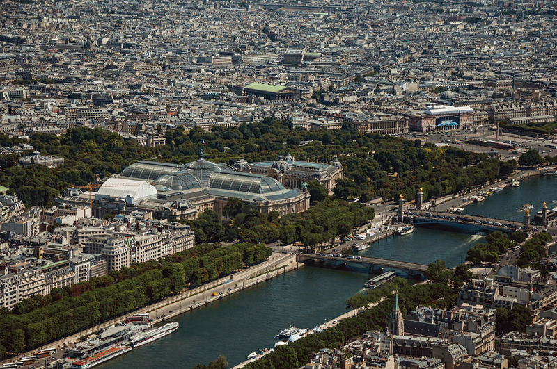 Grand and petit palais seen from the eiffel tower top in paris. the famous capital of france.