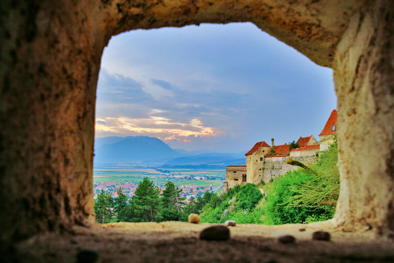 Trees and old castle seen through window