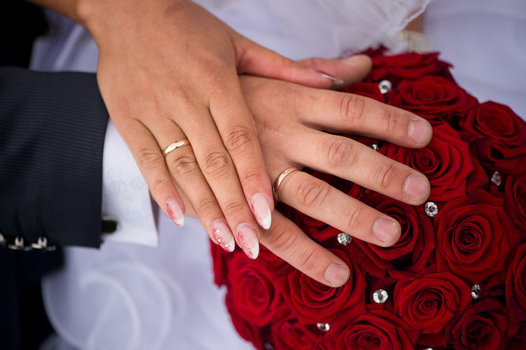 Close-up of bride and groom's hands