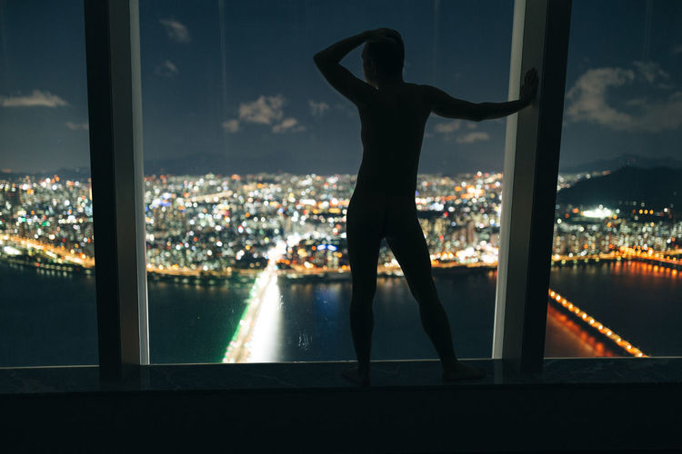 Silhouette man and cityscape against sky seen through glass window