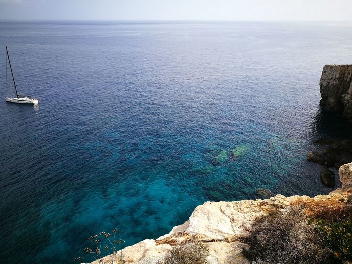 High angle view of sea and rocks against sky