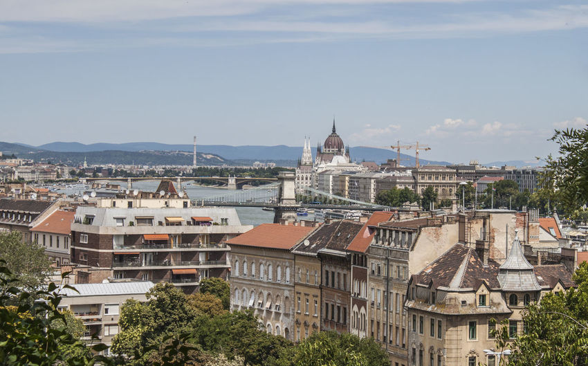 Skyline of budapest, hungary, europe. rooftop view with river danube, historical buildings, towers.