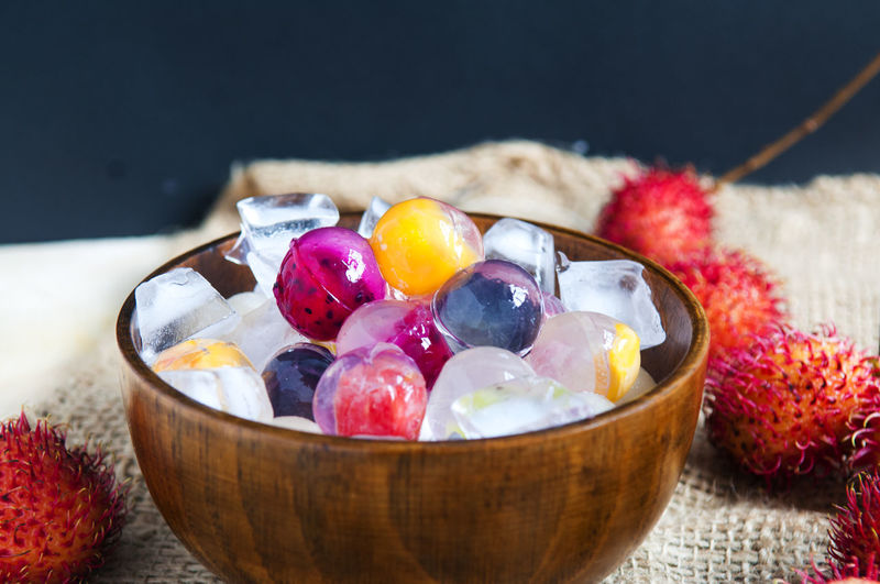 Close-up of fruit jelly in bowl on table