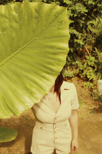 Rear view of woman standing with leaves