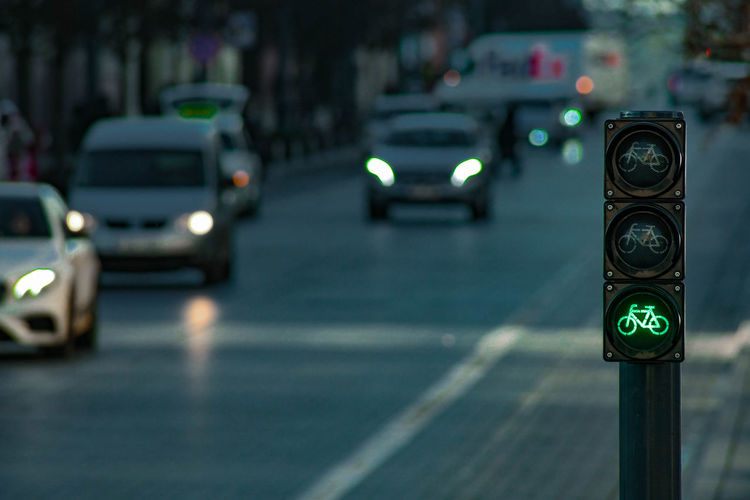 Sustainable transport. bicycle traffic signal, green light, road bike, free bike zone or area