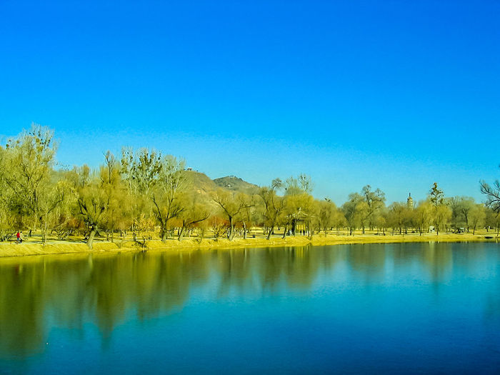 Scenic view of lake against clear blue sky