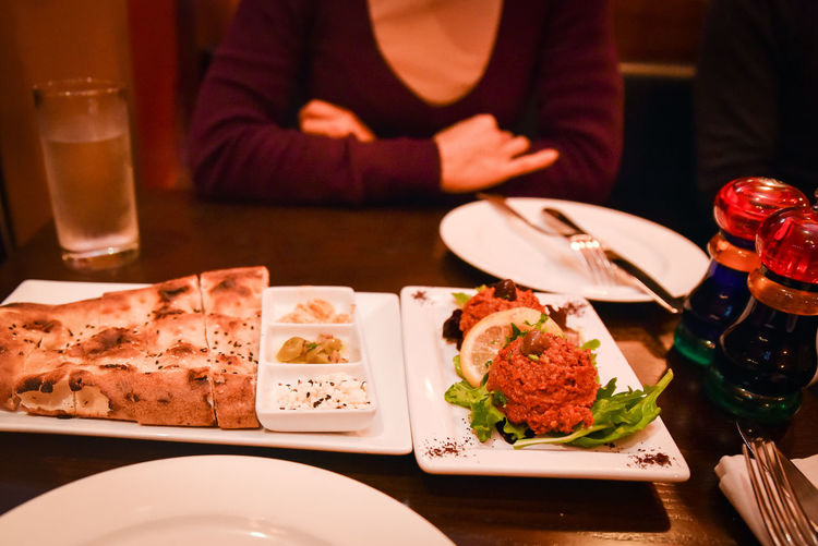 Close-up of served food in restaurant