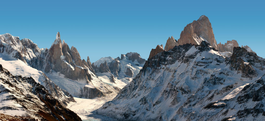 Scenic view of snowcapped mountains against clear sky