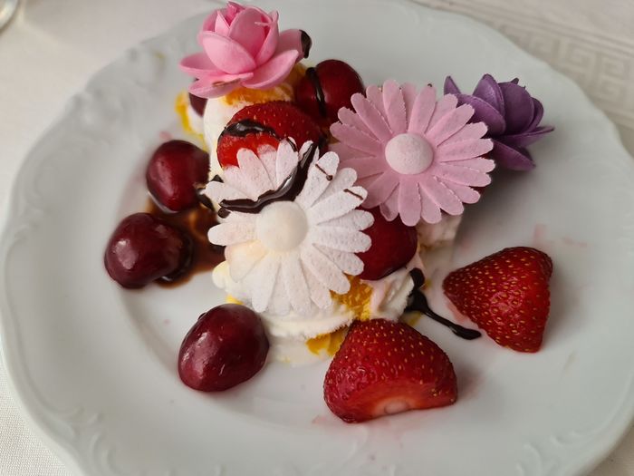 High angle view of strawberries in plate