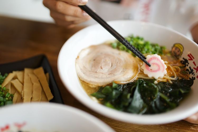 Close-up of ramen served in bowl