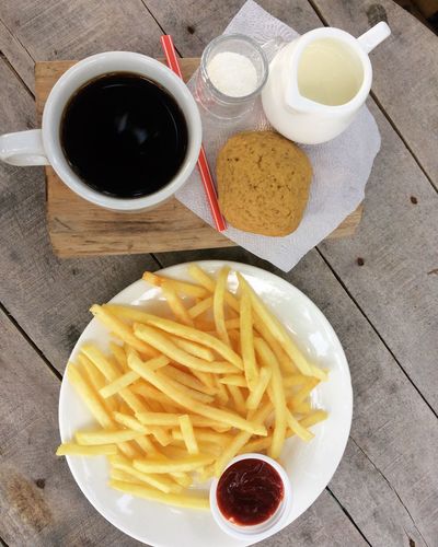 High angle view of food and coffee on table