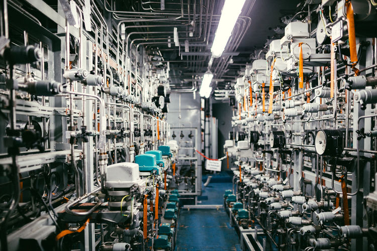 Interior of illuminated historic nuclear power plant