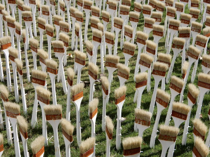 Full frame shot of paintbrushes on grass
