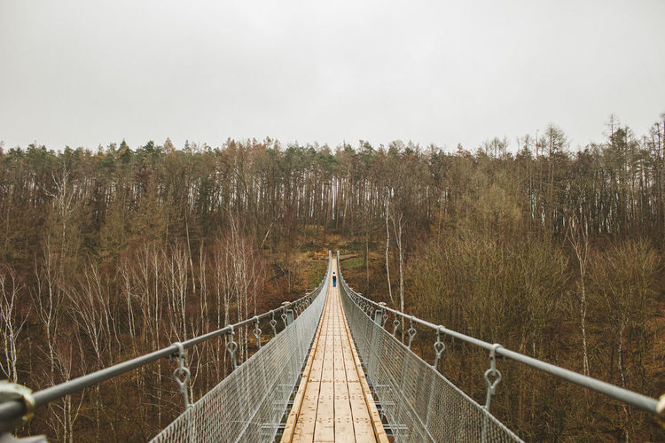 Wooden footbridge amidst trees against sky