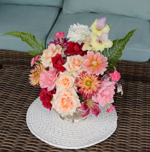 High angle view of flower bouquet on table