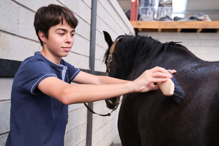 Teenager boy smiling while brushing a horse in a stable.