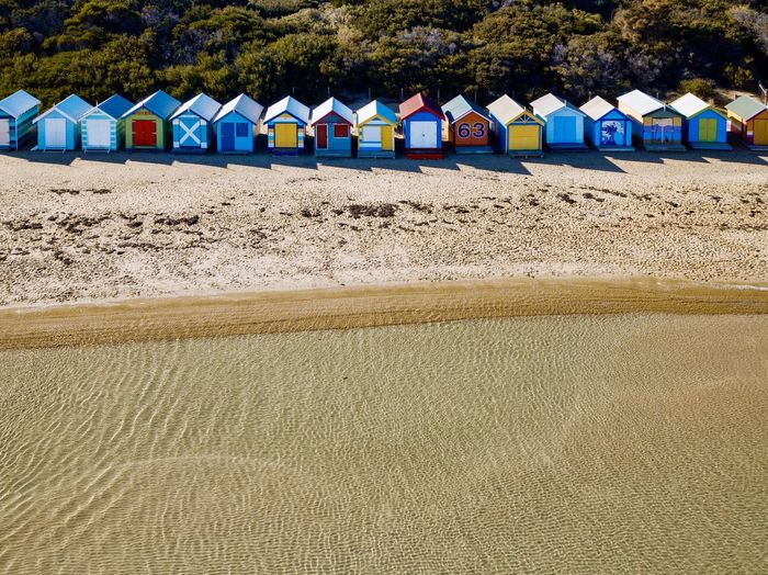 An aerial view of the colourful boat houses at the brighton beach in melbourne