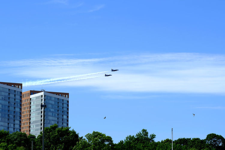 Low angle view of airplanes flying in sky over city