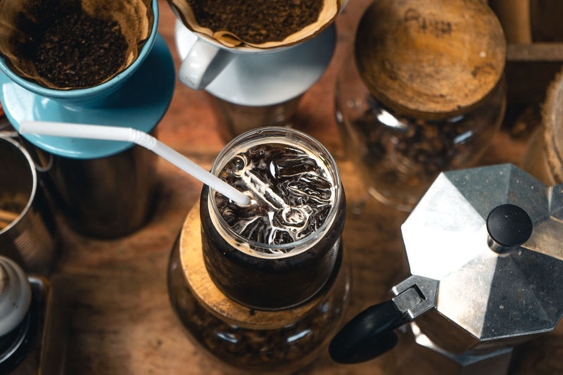 High angle view of wine in container on table