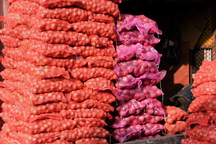 Stack of pink for sale in market