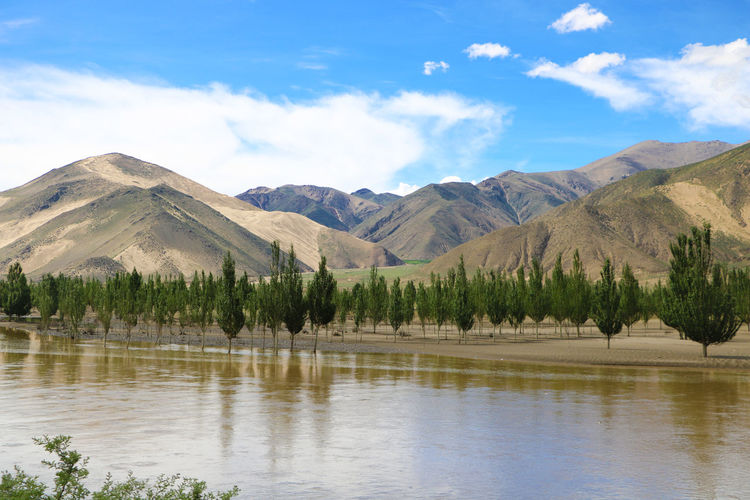 Scenic view of the yarlung-tsangpo river and  mountains against sky, in tibet.