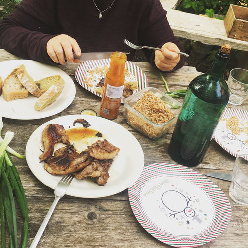 High angle view of meal served on table