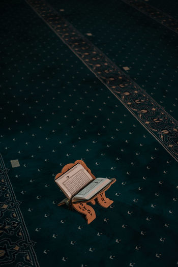 High angle view of books on table