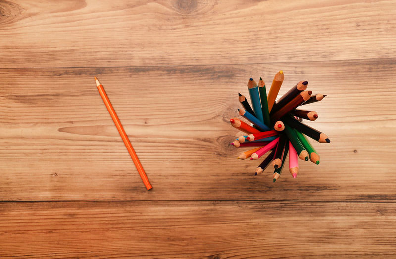 High angle view of multi colored pencils on table