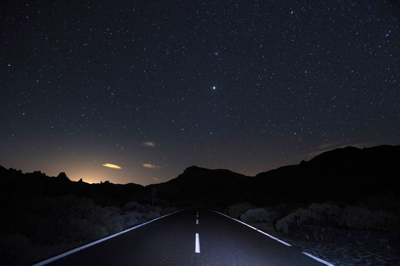 Diminishing perspective of empty road against star field at night