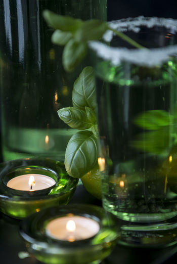 Close-up of lit tea light candles