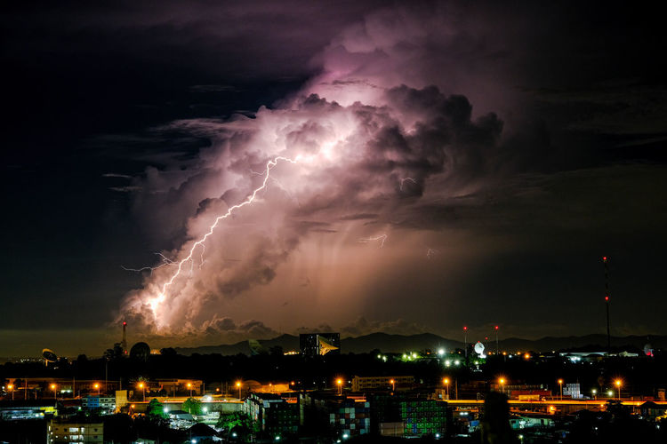 Panoramic view of illuminated cityscape against sky at night