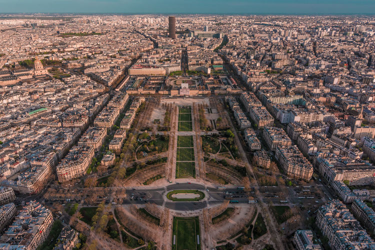 Aerial view of cityscape seen from eiffel tower