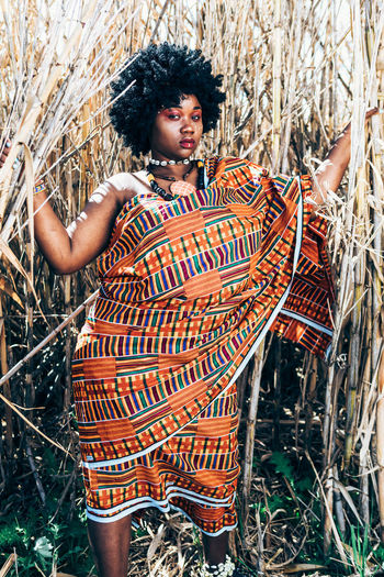 Plus size black female in traditional colorful african clothes with curly hair grasping tall dry grass on sunny day in field