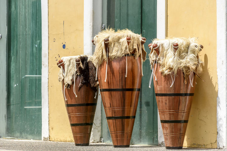 Ethnic drums also called atabaques on the streets of pelourinho, city of salvador in bahia