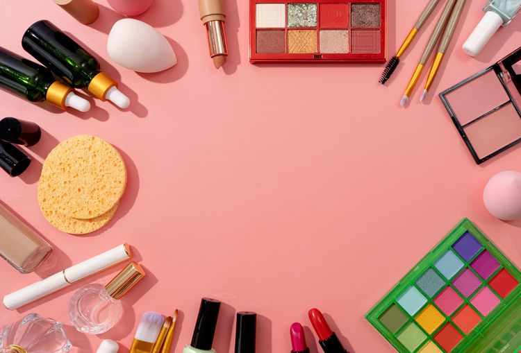 High angle view of beauty products on table
