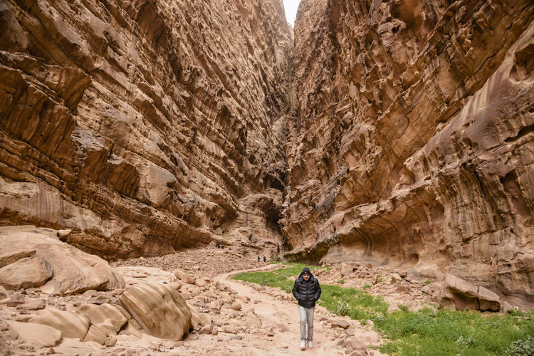 The desert walker. man walking through a canyon in the desert of wadi rum