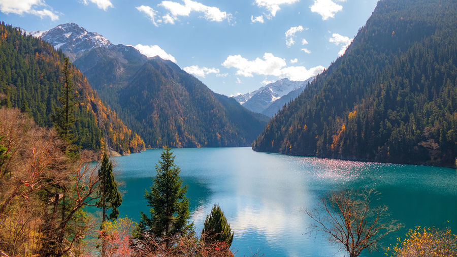Scenic view of lake and mountains against sky