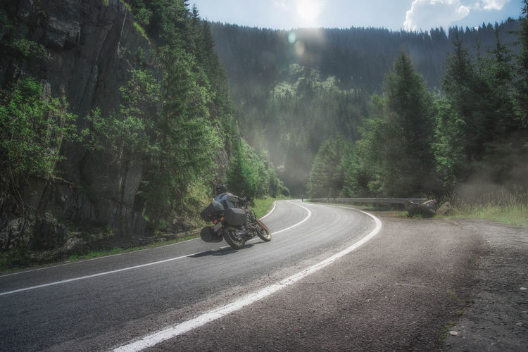Man riding motorcycle on road amidst trees against sky
