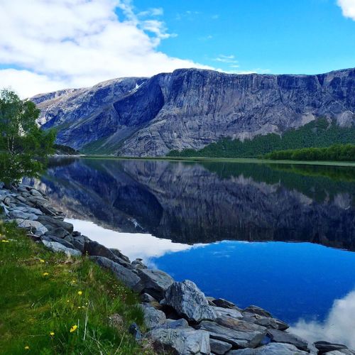Scenic view of lake and mountains against sky
