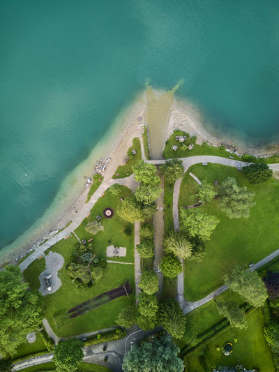 High angle view of lake waterfront with green gras and trees