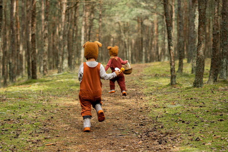 Toddler baby twins in bear bonnets playing and having fun in the woods
