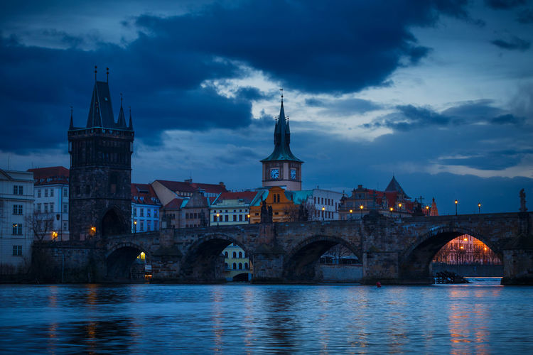 Morning view of charles bridge and old town bridge tower.
