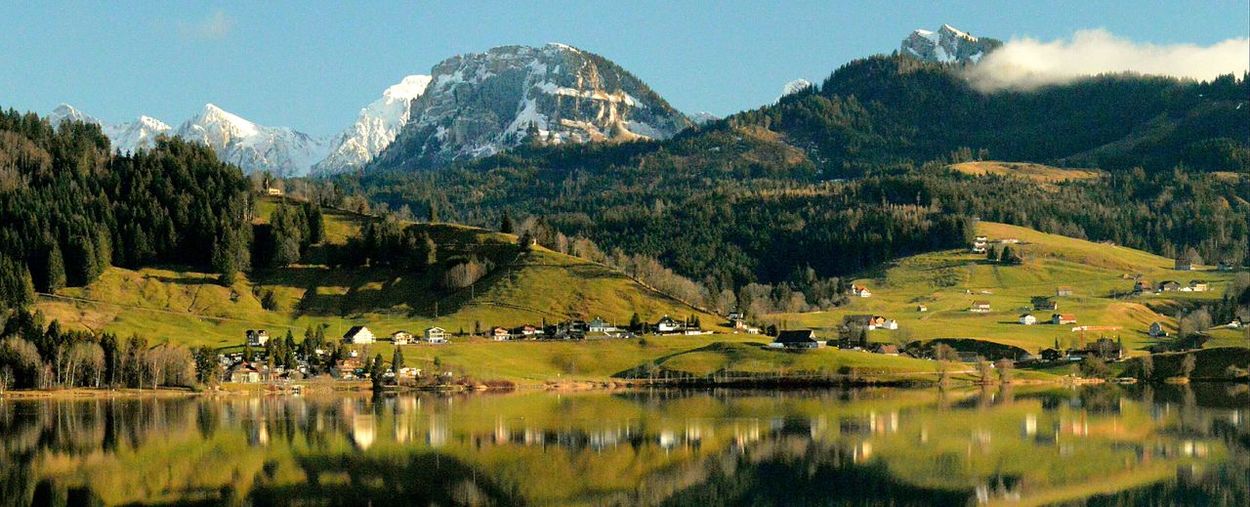 Panoramic view of townscape by lake and mountains