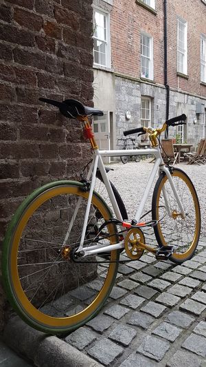 Bicycle parked by window