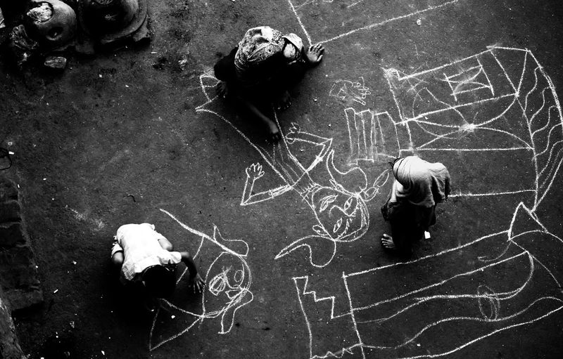 High angle view of children on street