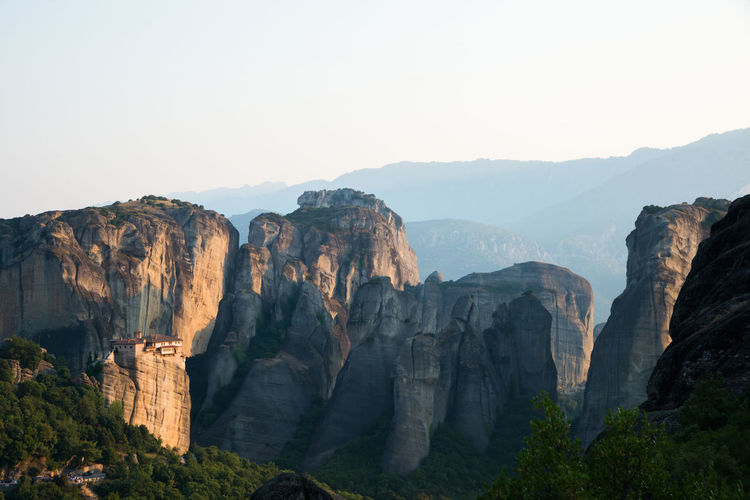 Impressive view of meteora mountains and monastery close to sunset. europe